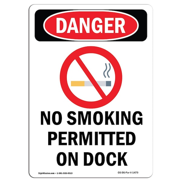 OSHA Sign, No Smoking Permitted On Dock, 5in X 3.5in Decal, 10PK, 3.5" W, 5" L, Portrait, PK10